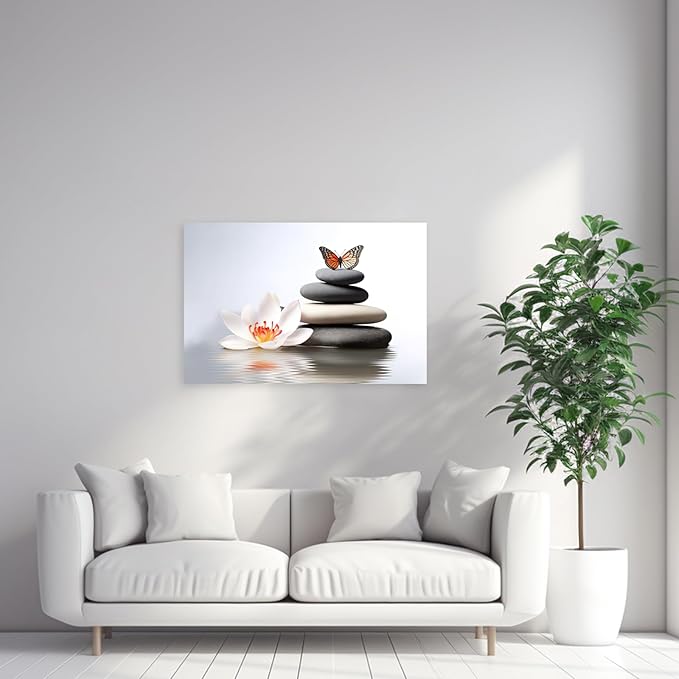 ARTZGX Zen Canvas Wall Art Spa Pictures Wall Decor Flower Zen Stones Butterfly Painting Print for Bathroom Yoga Decor Frame(Zen Flower - A 28.00" x 42.00")