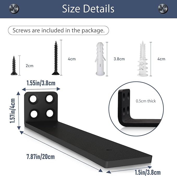 MLOQI 4 Pack Floating Shelf Bracket Heavy Duty, Hidden Shelf Brackets 5mm Thick L Brackets for Shelves up to 50 KG (Black 20cm)