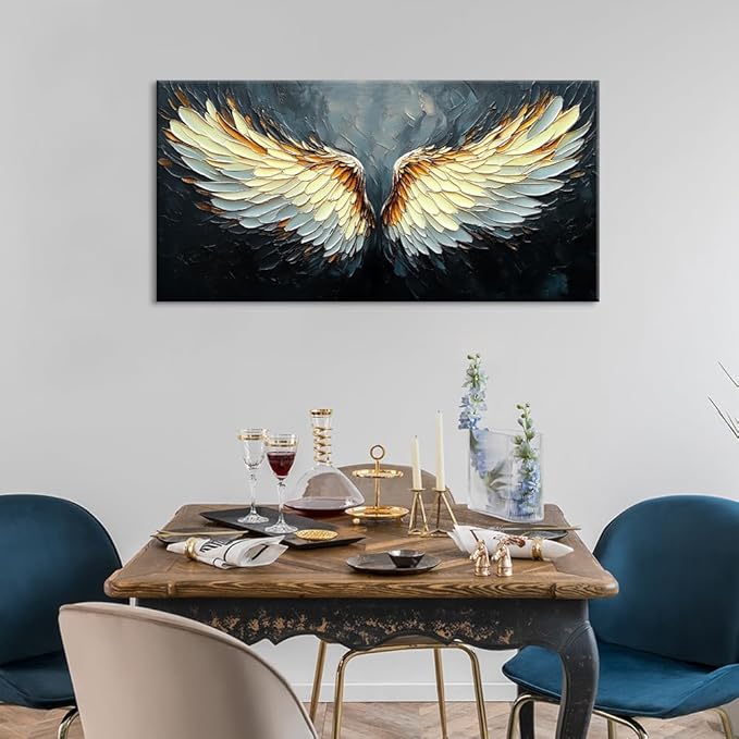 ZESTRILIA Angel Wings Wall Art for Girls Room Gold Gray Canvas Oil Painting Prints Modern Abstract Fantasy Anime Artwork Living Bedroom Office Decor Large (46x23 Inches)
