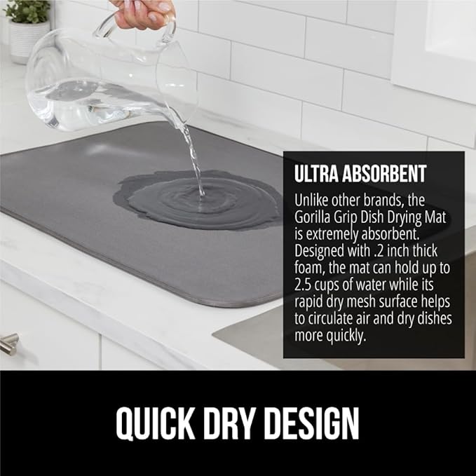 GORILLA GRIP Ultra Water Absorbent Microfiber Dish Drying Mat, 18x32, Quick Dry Thick Mesh, Slip Resistant Pad for Sink Dishes or Under Rack, Kitchen Counter Accessories, Machine Wash Mats, Gray