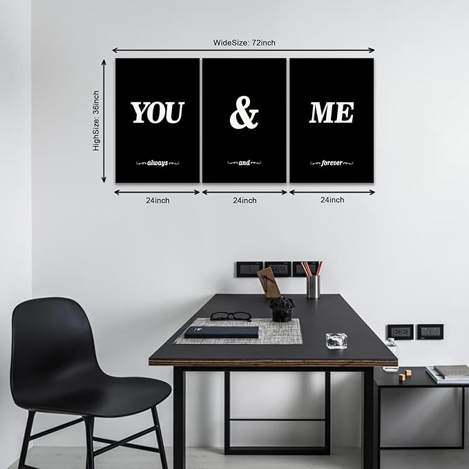 KAWAHONE 3 Pieces Black White You and Me Word Canvas Poster,Modern Lover Style Wall Art for Living Room Bedroom Home Decor