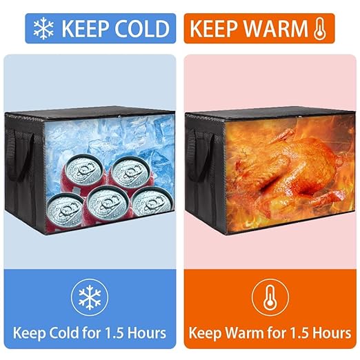 Insulated Food Delivery Bag with Hard Bottom, XXX-Large Insulated Reusable Grocery Cooler/Hot Bags, Tote Bag for Shopping/Travel, Black, 4-Pack