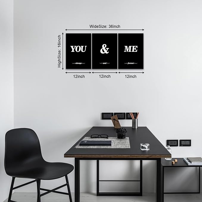 KAWAHONE 3 Pieces Black White You and Me Word Canvas Poster,Modern Lover Style Wall Art for Living Room Bedroom Home Decor