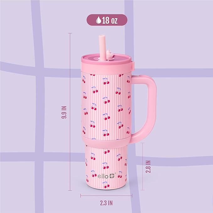 Ello Oasis 18oz Stainless Steel Kids Tumbler with Handle & Retracting Straw, 100% Leakproof, Double-Wall Vacuum Insulated, Kids Water Bottle for School, BPA Free, Dishwasher Safe, Preppy Cherries