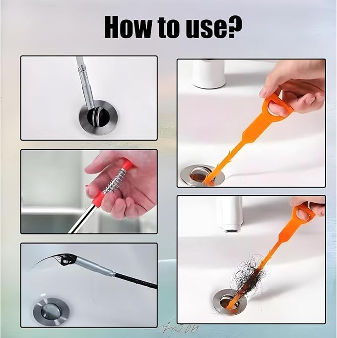 3 Pcs Orange Drain Clog Remover and 1 Pcs 25inch Four Claws Hair Catcher Drain Snake Cleaner Tool, Effective Hair Clog Remover for Toilet/Kitchen Sink/Bathroom Tub