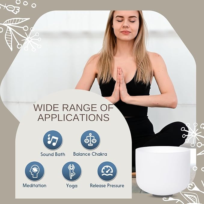 11 inch White D Note Sacral Chakra Quartz Crystal Singing Bowl, for Healing Mindfulness Meditation Yoga Sound Baths, with Rubber Mallet O-ring