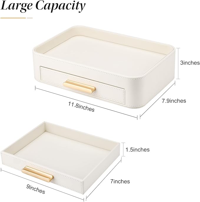 GORESE PU Leather Valet Tray with Drawer, Nightstand Organizer Catch All Tray for Jewelry Perfume Purse Trinket Key Holder, EDC Trays for Desk Vanity Entryway Table, Gift for Women Men, Cream White