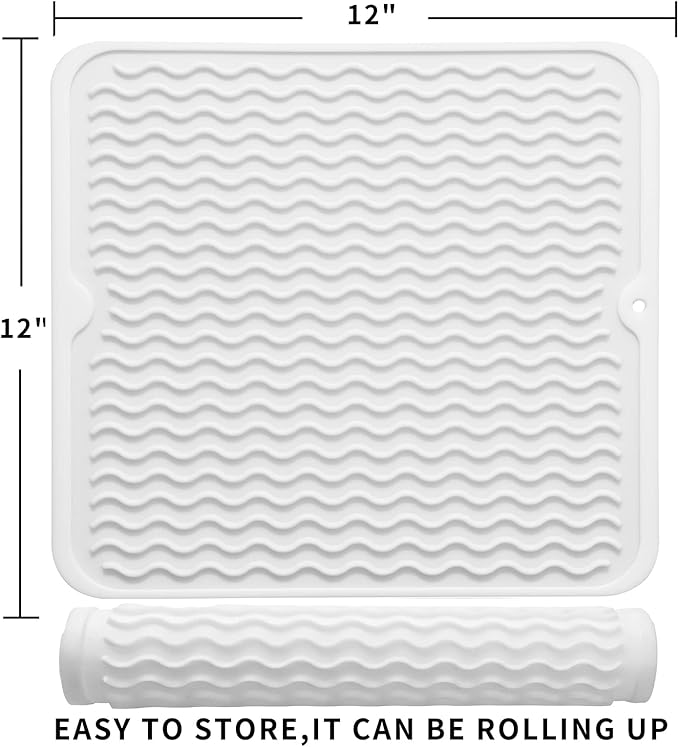 MicoYang Silicone Dish Drying Mat for Multiple Usage,Easy clean,Eco-friendly,Heat-resistant Silicone Mat for Kitchen Counter or Sink,Refrigerator or Drawer liner White M 12 inches x 12 inches