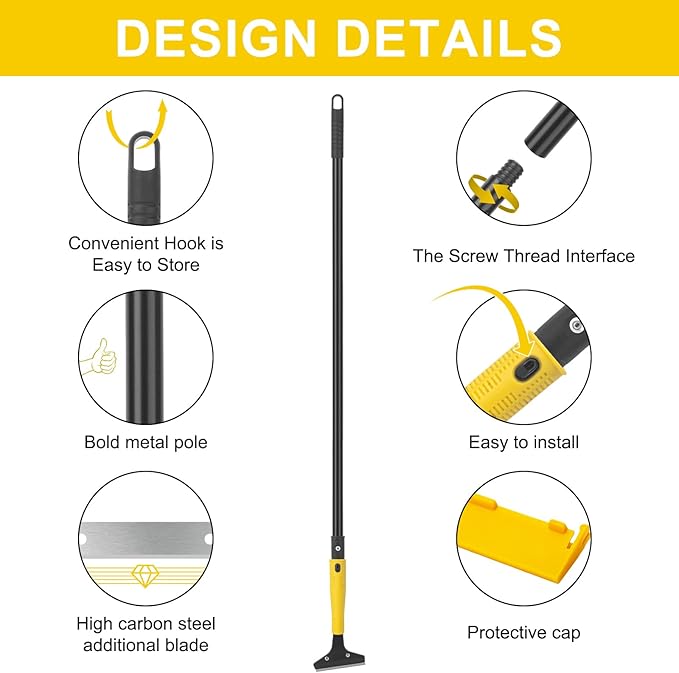 KeFanta Scraper Tool, 4" Wide Heavy Duty Floor Scraper with 45.7" Long Handle, Razor Blade Scraper for Cleaning Windows Glass Shower Gum Tile Scraper Ceiling Scraper, 10PCS Extra Metal Blades