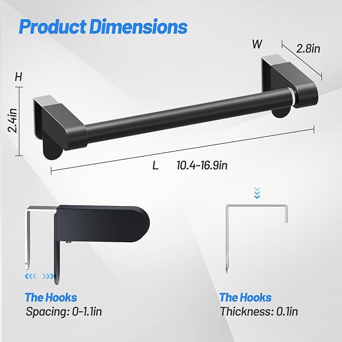 VEHHE Kitchen Towel Holder, Retractable Kitchen Towel Rack, Hooks Adjustable to Cabinet Door Thickness, Dish Towels Holder with EVA Pad, Over The Door Towels Rack, L10.4~16.9 X W2.8 X H2.4 in (Black)