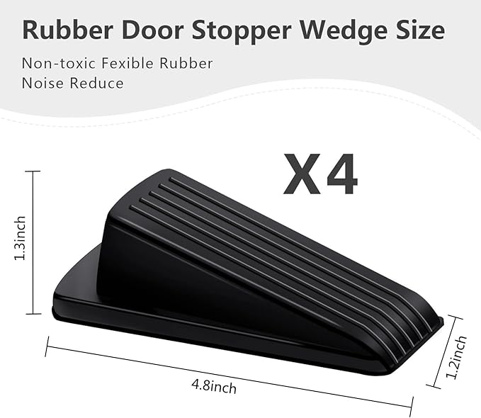 Door Stoppers, 4 Pack Premium Rubber Stoppers Wedge, Stops for Carpet Heavy Duty Door, Bottom of on Tile, Concrete, Carpet, Wooden Floor (Black)