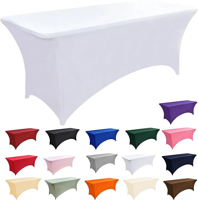 ZarzaaSik 2-Pack 4ft White Spandex Table Covers for Rectangular Folding Tables - Wrinkle Resistant Stretch Tight Table Cloths - Ultimate Fitted Table Protector for Parties, Banquet, and Wedding