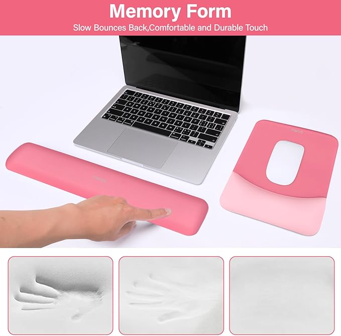 MOSISO Wrist Rest Support for Mouse Pad & Keyboard Set, Rectangular Ergonomic Mousepad Non-Slip Base Home/Office Pain Relief & Easy Typing Pad with Neoprene Cloth & Raised Silicone Lining, Melon Pink