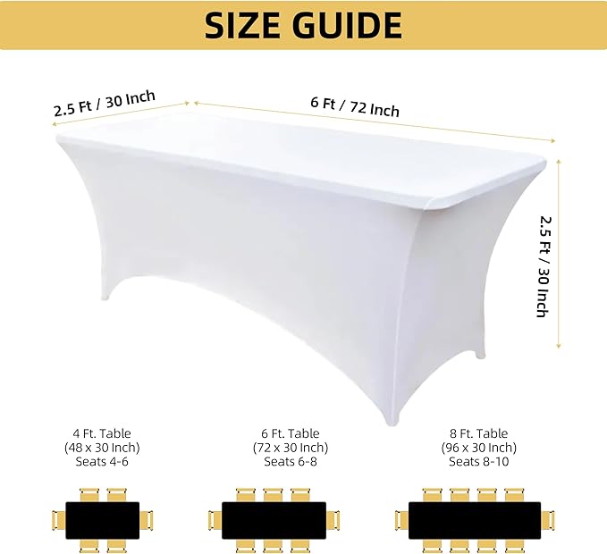 ZarzaaSik 6-Pack 6ft White Spandex Table Covers for Rectangle Standard Folding Tables - Wrinkle Resistant Stretch Tablecloths - Ultimate Fitted Table Protector for Parties, Trade Shows, Wedding