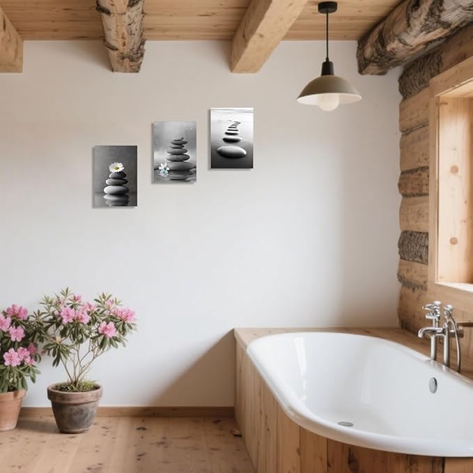 CCWORKERRY 3PCS Zen Stones Canvas Wall Art Black and White Zen Stone Painting Calming Meditation Wall Decor for Yoga Studio Office Spa Bathroom (gray,12W x16L x3)