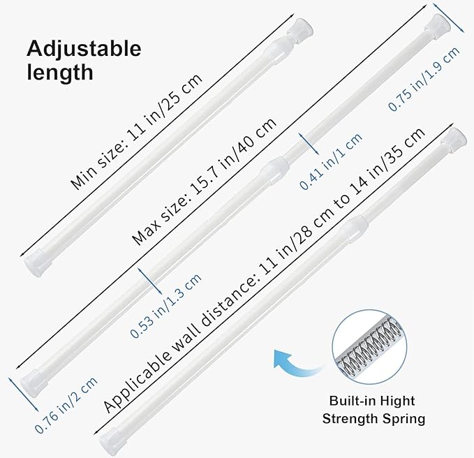 6Pcs Tension Rod, Goowin Tension Rods for Windows, No Drilling Rustproof Spring Adjustable Tension Curtain Rod for Doors, Windows, Wardrobe Bars, Drying Support Rods (White, 10-15.7 inch)