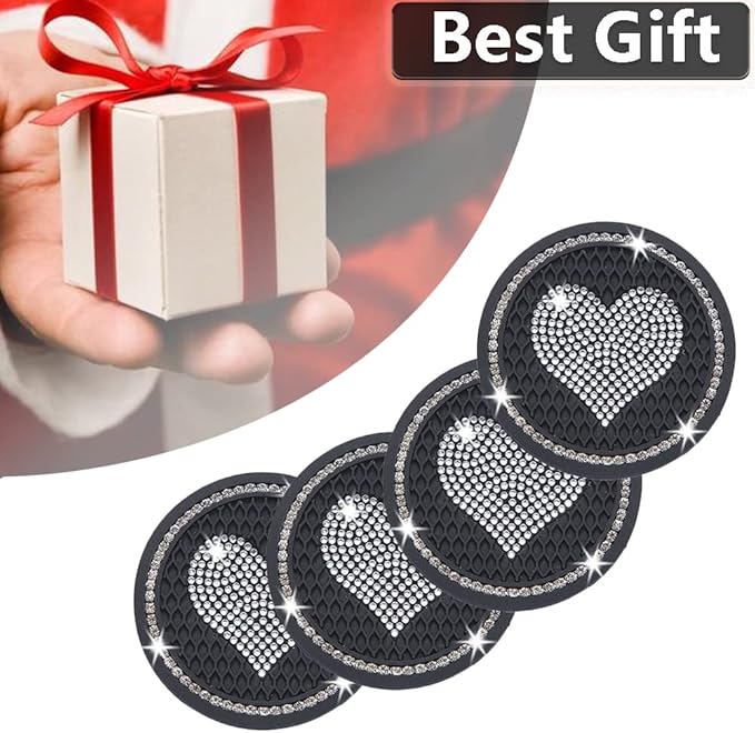Car Coasters for Cup Holders, 2.75 Inch Auto Cup Holder Insert Coasters Silicone Anti-Slip Crystal Rhinestone Cute Drink Car Cup Mat, 4PSC Bling Car Accessories for Women & Lady (Heart Black)