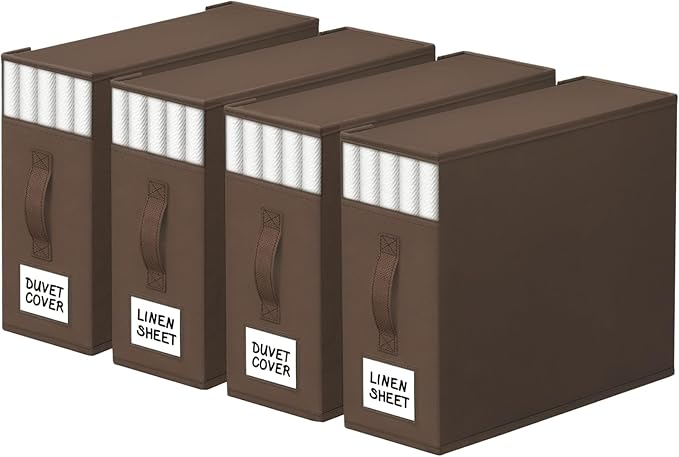 4 Pack Bed Sheet Closet Organizers and Storage,Sturdy Foldable Storage Containers with Window and Label,Storage and Organization for Bedding Sheets,Duvet Covers,Blankets (Brown)