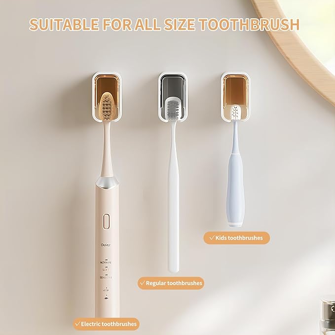 Wall Mounted Toothbrush Holders for Bathroom,Strong Self Adhesive Tooth Brush Holder with Cover, Toothbrush Heads Organizer for Family, 3 Pcs
