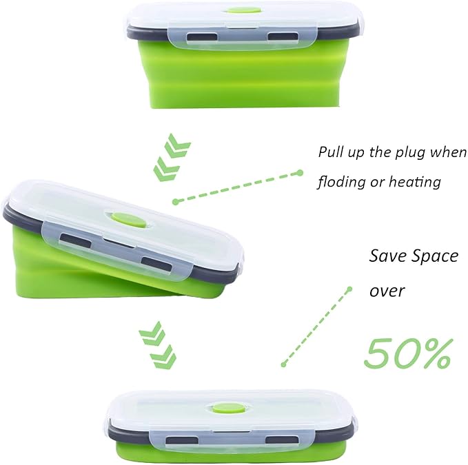 Collapsible Silicone Food Storage Containers, Set of 4 Foldable Storage Bowls with Airtight Lids, Silicone Lunch Box, Microwave,Freezer and Dishwasher Safe, BPA Free (Green, 500ml and 800ml)
