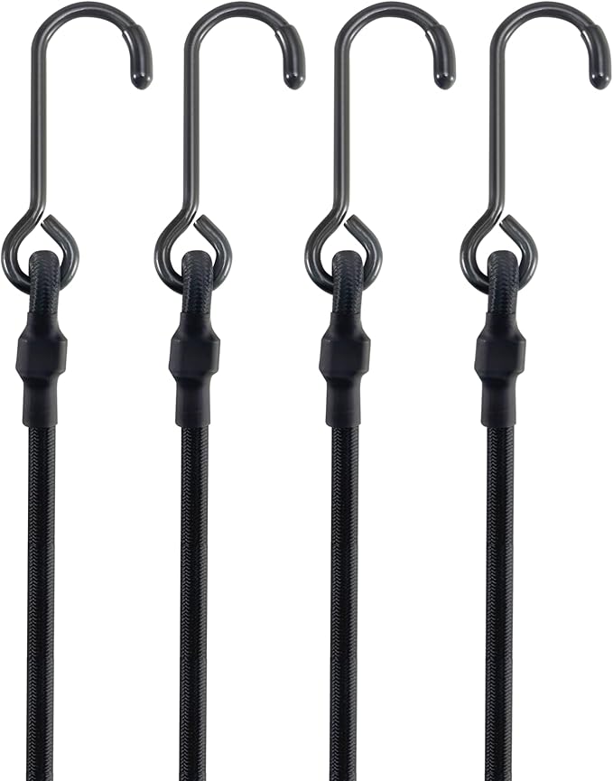 4 Pcs 180 Lbs Real Heavy Duty Bungee Cords with Rust Resistant Steel Hooks, 80 Inch Black Bungee Straps with 2X Stretch & UV Protection, Perfect for Camping, Tarps, Tent, Bike, Luggage