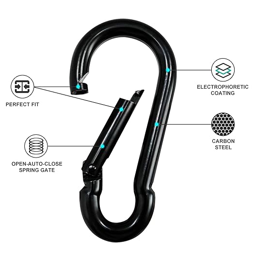KINLINK 1 Pack Black Carabiner Clip, 7 inch Heavy Duty Spring Snap Hook, Large Carabiner Clips for Camping, Swing Set, Hammock, Hiking, Travel, Weight Lifting Machine, Home Gym Equipment