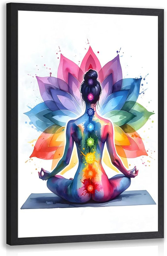 GELDSTEI Wood Framed Zen Wall Art, Chakra Yoga Wall Decor, Colorful Meditation Poster Print, Spiritual Canvas Painting, Vibrant Meditating Woman Aesthetic Picture for Living Room Yoga Studio 16"x24"