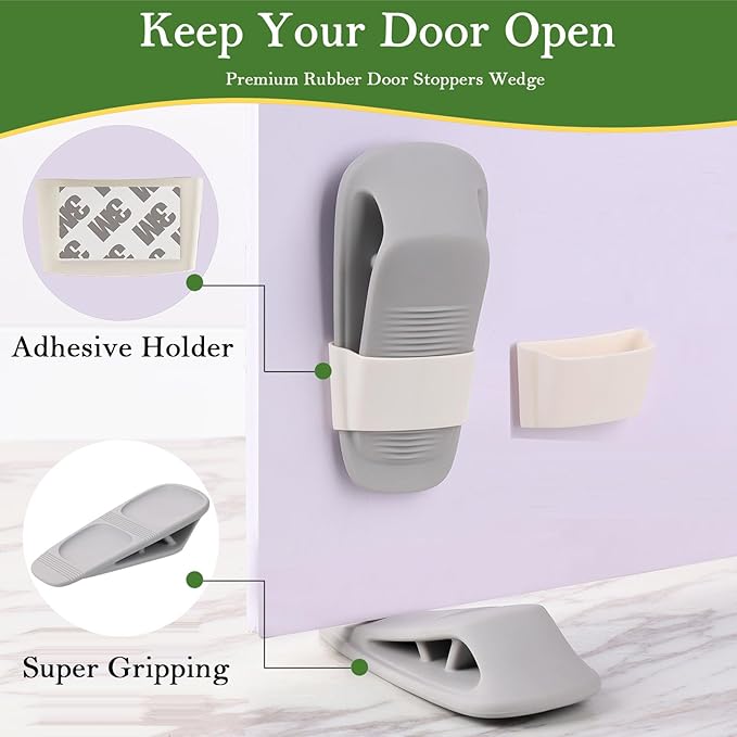 Fursafe&Q Rubber Door Stoppers for Bottom of Door, Door Stop Wedge with Holder, Heavy Duty Doorstops 4 Pack, Wall Protector for Home & Office & School & Commercial Doorstop Keep Open Stack Grey