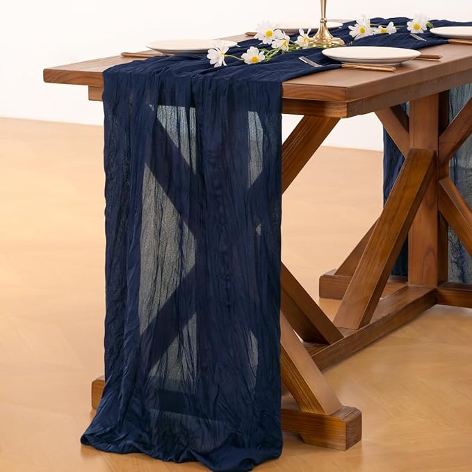 Socomi 10pcs Navy Blue Summer Cheesecloth Table Runner Boho Rustic Gauze 120 inch 10FT Cheese Cloth Sheer Runner for Wedding Party Baby Shower Birthday Home Decor Holiday Decorations