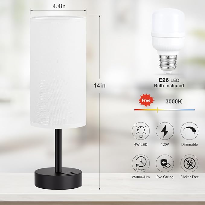 White Touch Table Lamp with USB - 3 Way Dimmable Bedside Lamp for Nightstand, Bedroom Lamp with Black Charging Station for Desk, Office, Kids Room, Dorm, Small