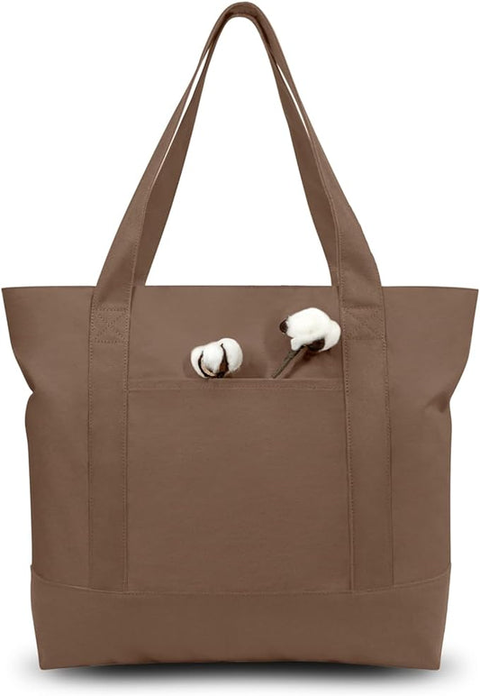 TOPDesign 6-Pack Canvas Tote Bags with an External Pocket, Reusable Grocery Shopping Bags, Top Zipper Closure, Daily Essentials (Brown)