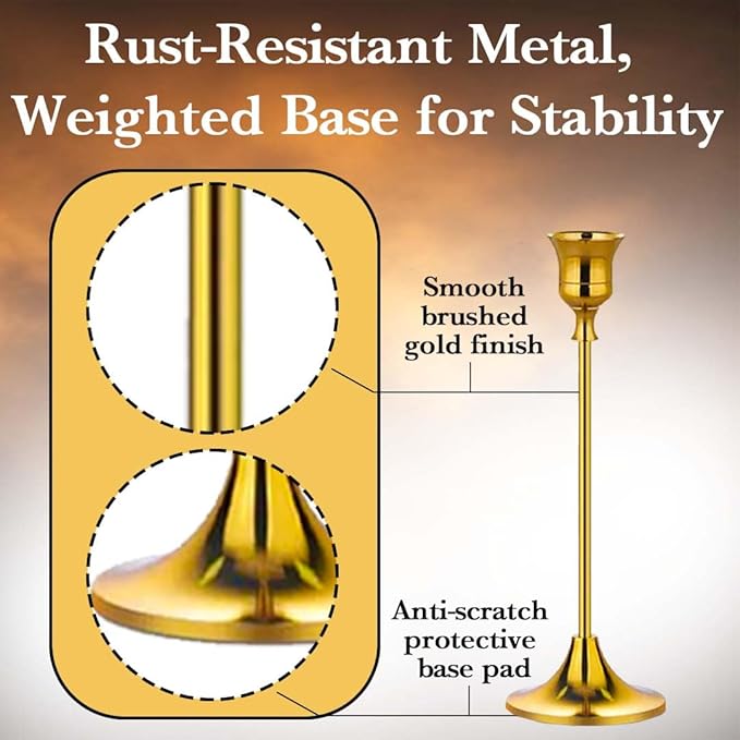 Gold Candlestick Holders Set of 6 – Decorative Taper Candle Holders for Home Decor, Weddings, Parties – Elegant Metal Candle Stands with Brushed Finish – Easy Assembly – Fits Standard & LED Candles