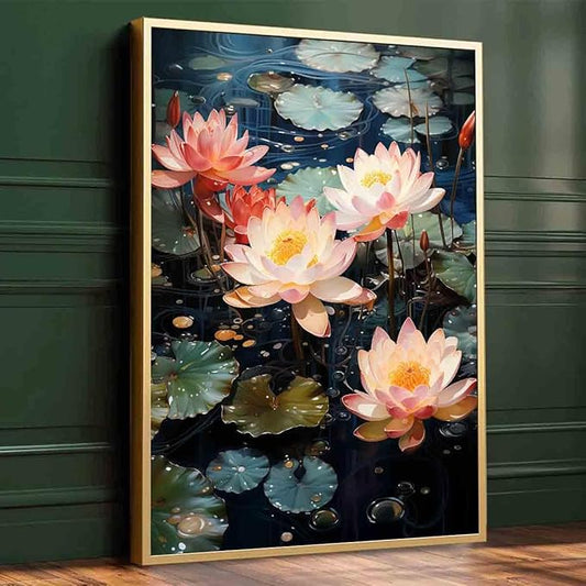 Pink Lotus Painting Zen Lotus Picture Water Lilies Painting Pink Flower Artwork Summer Flowers Picture Summer Landscape Canvas Zen Meditation Art Water Lily Poster Living Room Decor 16x24inch No Frame