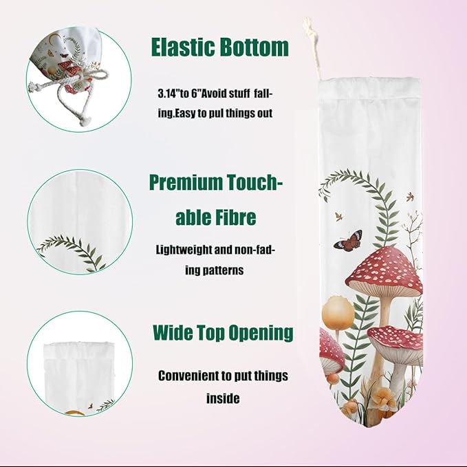 Mushroom Plastic Bag Holder, Wall Mount Plastic Holders for Grocery Bags, Butterfly Large Waterproof Grocery Bag Storage Dispenser for Home Kitchen Pantry Decor, Cute Mushroom Gifts for Women Mom