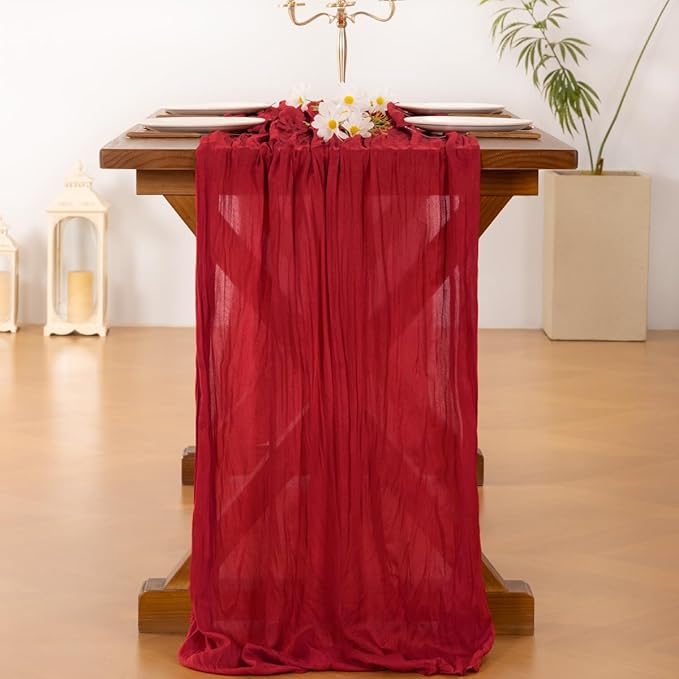 Socomi Red Cheesecloth Table Runner Summer Boho Rustic Gauze 120 inch 10FT Cheese Cloth Sheer Runner for Wedding Party Baby Shower Birthday Home Decor Holiday Decorations