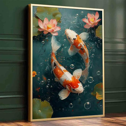 Koi Fish Wall Art Chinese Style Painting Pink Lotus Pond Wall Art Carp Picture Koi Fish Artwork Good Luck Painting Traditional Chinese Modern Aesthetic Picture Living Room Decor 16x24inch No Frame