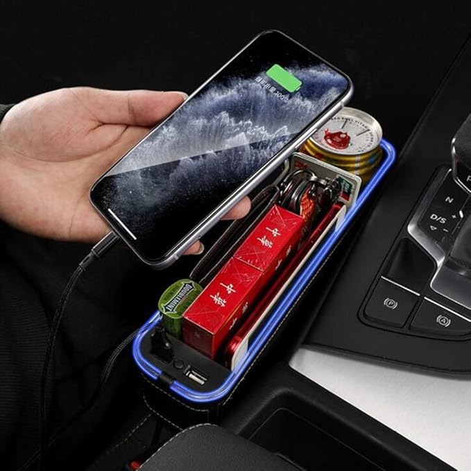 Tumecos Car Seat Gap Organizer with Light Multifunctional, with Small Cup Holder, Storage Box Car Seat Organizer, Car Seat Gap Filler with 2 USB Super Fast Charge Ports (Beige, Passenger’s Side)