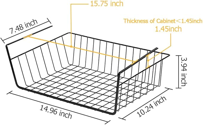 Dveda 4 Pack Under Shelf Basket, Under Cabinet Organizer Shelf, Durable Metal Wire Rack Hanging Basket Storage Rack, Shelf Organizing for Kitchen/Pantry/Bathroom/Desk-Slide Arms Height:1.45in(Black)