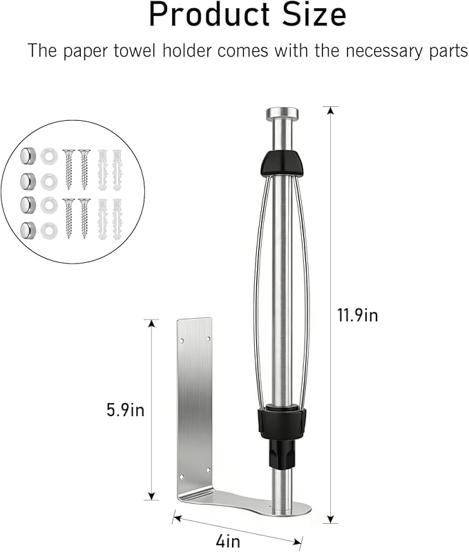 SetSail Paper Towel Holder, Paper Towel Holder Under Cabinet with Adjustable Damper Easy Tear Wall Mount Self-Adhesive or Drilled for Kitchen Bathroom, Silver