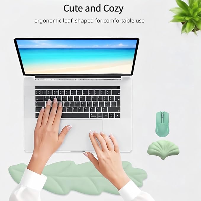 Angel Wing Wrist Rest Ergonomic Memory Foam Wrist Rest for Computer Keyboard Mouse Set, Cute Gaming Keyboard Cushion Hand Support PU Leather Surface Anti-Slip Waterproof Green-Leaf