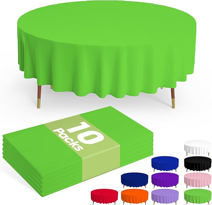 Pureegg Plastic Table Cloth Disposable 10 Pack, 84'' Round Table Cloths, St Patricks Day, Christmas Decorations, Tablecloths, Round, Forest, Emerald, Plastic Cover, Leakproof & Sturdy, Green
