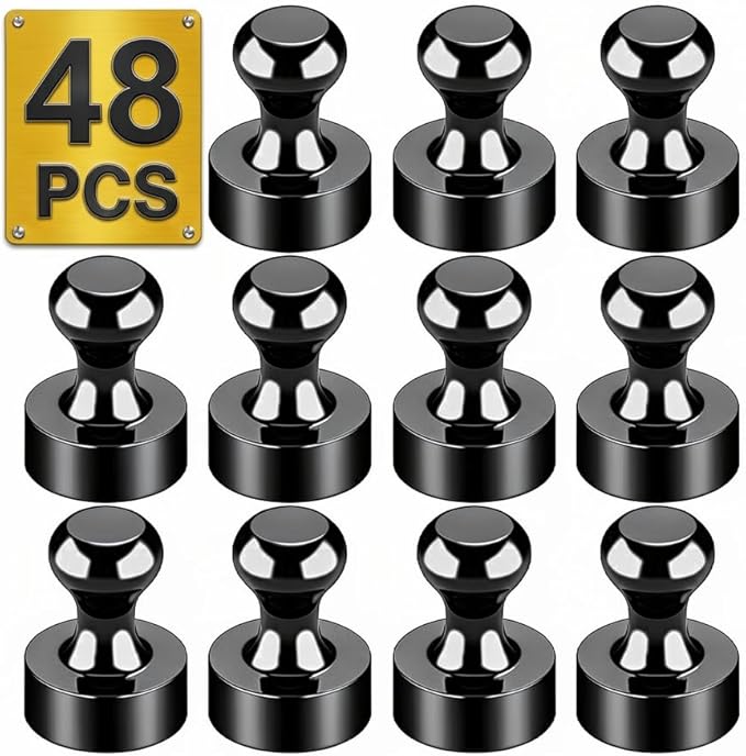 Metallic Magnets, Refrigerator Magnets, 48 Pack Black Magnetic Push Pins, Strong Fridge Magnets, Multi-use Whiteboard Magnets Perfect for Kitchen Office Classroom