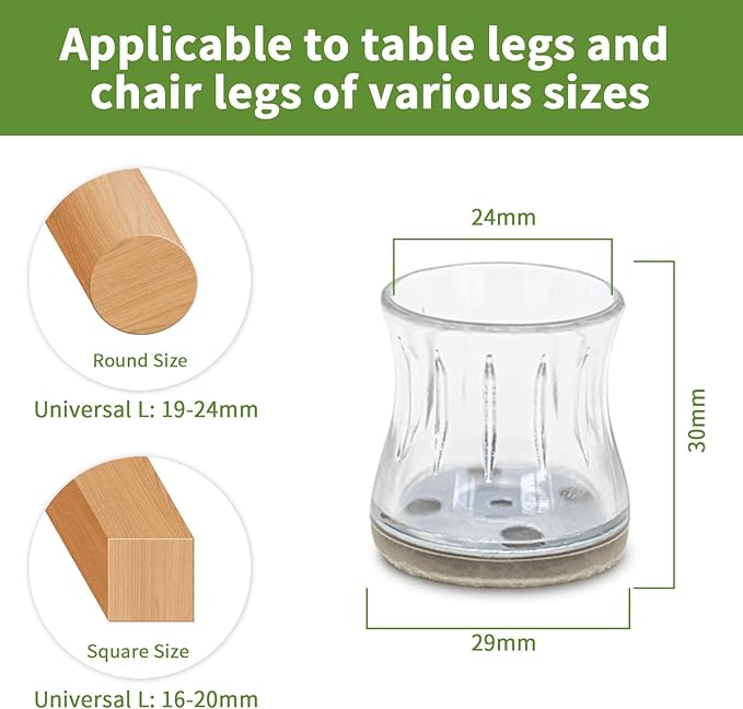 COVERCORNER 16PCS Chair Leg Floor Protectors, Chair Leg Protectors for Hardwood Floors, Furniture Pads for Hardwood Floors, Chair Socks Universal L Clear Fit 0.75"-0.94"
