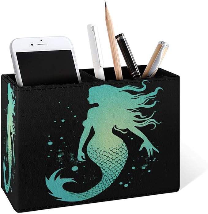 Famame Silhouette Mermaid Pencil Holder for Desk, Leather Desktop Container Pen Cup Storage Study Table Pen Organizer Makeup Brush Holder for Classroom Office Home