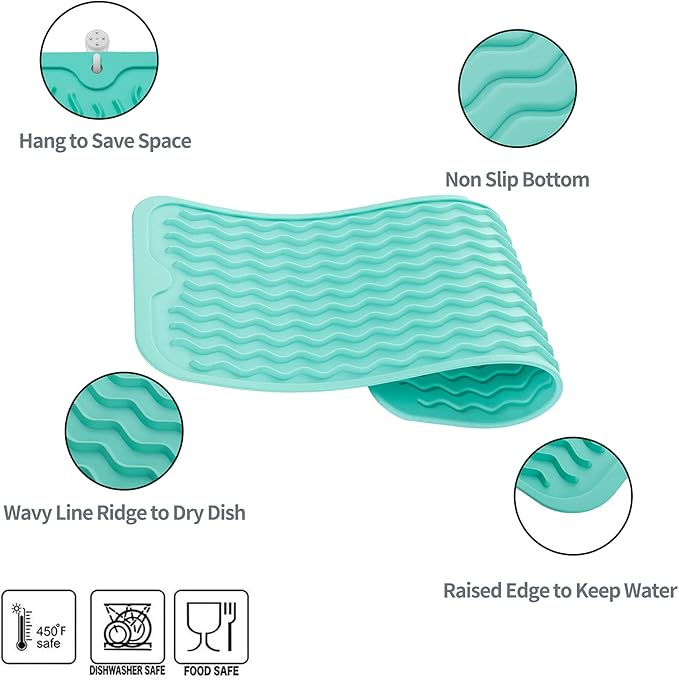 Silicone Dish Drying Mat for Multiple Usage, Easy clean, Eco-friendly, Heat-resistant Silicone Mat for Kitchen Counter, Sink, Bar, Bottle, or Cup Mint M 17 inches x 6 inches