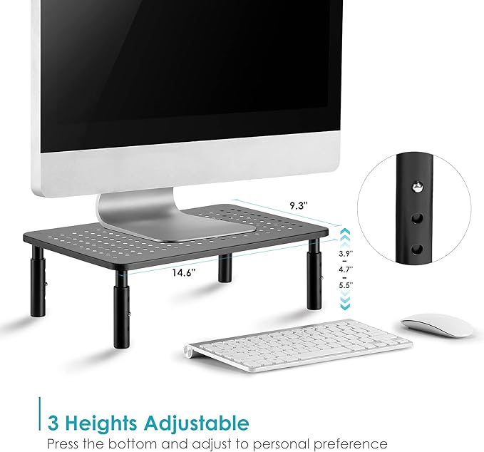 Monitor Riser Desktop Stand, Flat Screen TV Monitor Stand Riser, Sturdy Metal Laptop Computer Monitor Stand Shelf for Printer, iMac, 3-Height Adjustable PC Stand with Mesh Platform