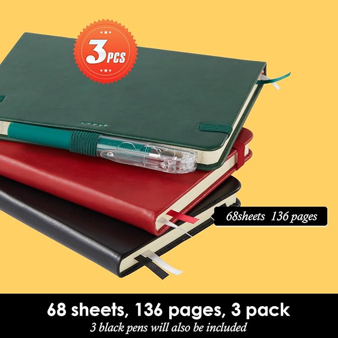 Small Notebook Journals, 3 Pack Mini Pocket Note pads for Men & Women Writing, A6 Small Leather Notepad 3.7" x 5.7" with Pen, Black, Red, Green
