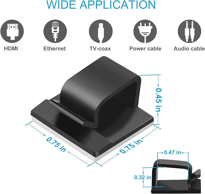 120 PCS Cable Clips, Adhesive Cord Clips for Wires on Wall, Strong Wire Clip Holders Cord Organizer for Cable Management, Christmas Lights, USB, Phone Charger, Cat 6, Car Dash Cam (Large, Black)