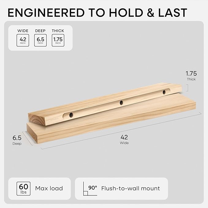 Homeforia 42 inch Natural Floating Shelf, High-End Solid Real Wood 42 inch Small Floating Shelves for Wall Mounted, Natural Wooden Floating Shelves, Heavy Duty Bracket, 42 X 6.5 X 1.75 in, Set of 2