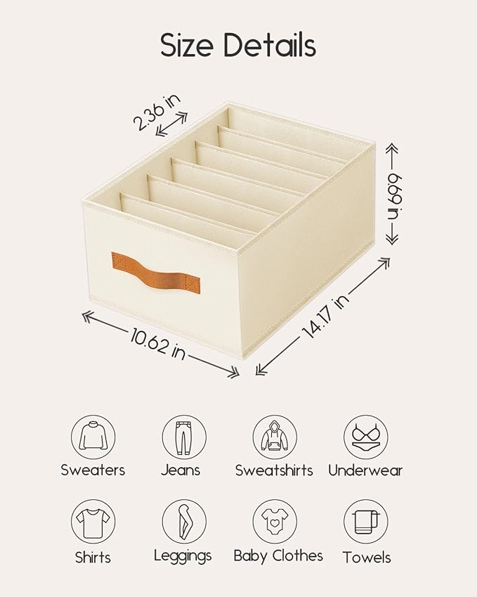Closet Organizers and Storage - Fabric Clothes Organizer with Handles, Foldable Jeans Organizer for Clothes, Drawer Organizer for Shirts, Bra, Sweater, Scarf, 8 Pack, Beige